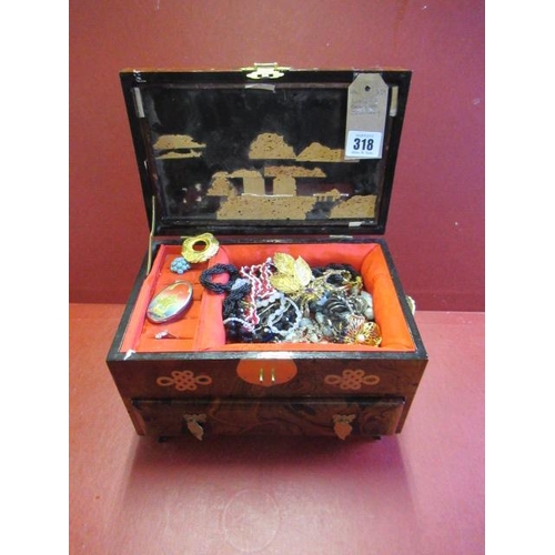 318 - WOODEN BOX WITH JEWELLERY