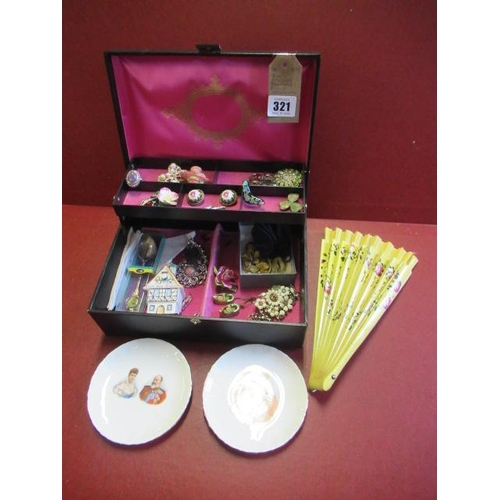 321 - BLACK VINTAGE JEWELLERY BOX AND CONTENTS