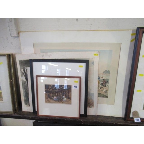 783 - QUANTITY OF UNFRAMED WATERCOLOURS AND PRINTS WITH A FRAMED GWYNN ETCHING