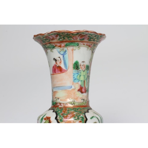 11 - A CANTONESE PORCELAIN FAMILLE ROSE SMALL GU VASE painted with panels of figures, flowers and birds o... 