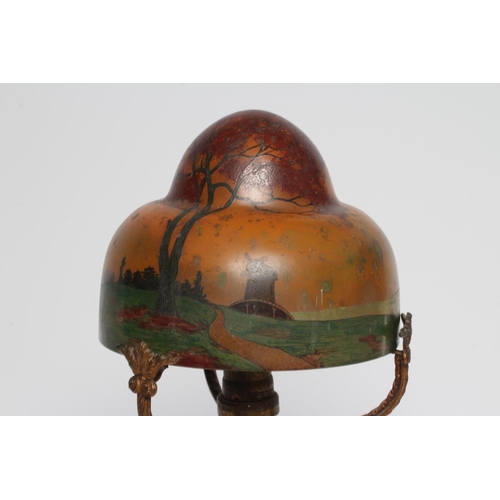 133 - A FRENCH ART DECO ELECTRIC GLASS TABLE LAMP BASE AND SHADE, the mottled amber high domed mushroom sh... 