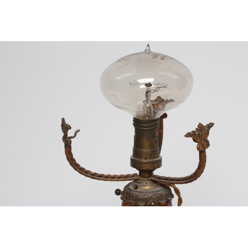 133 - A FRENCH ART DECO ELECTRIC GLASS TABLE LAMP BASE AND SHADE, the mottled amber high domed mushroom sh... 