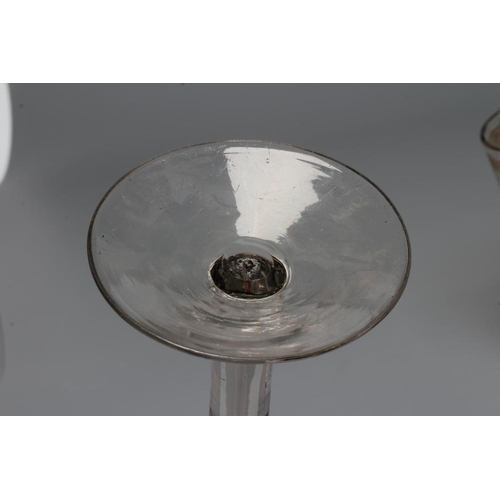 151 - A GEORGIAN GLASS RUMMER, the bucket bowl and foot with later decoration, on a plain stem, 5 1/2