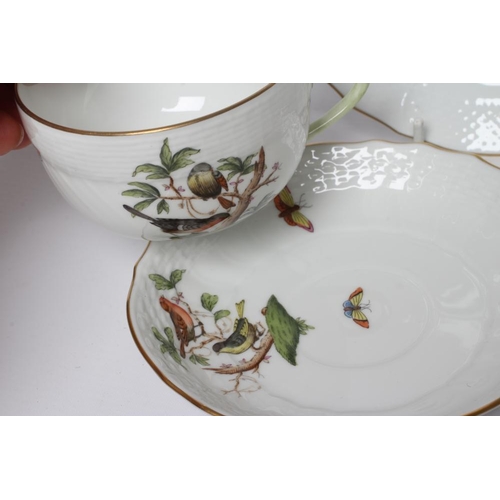 26 - THREE HEREND PORCELAIN OZIER MOULDED TRIOS printed and over painted with the Rothschild Bird pattern... 