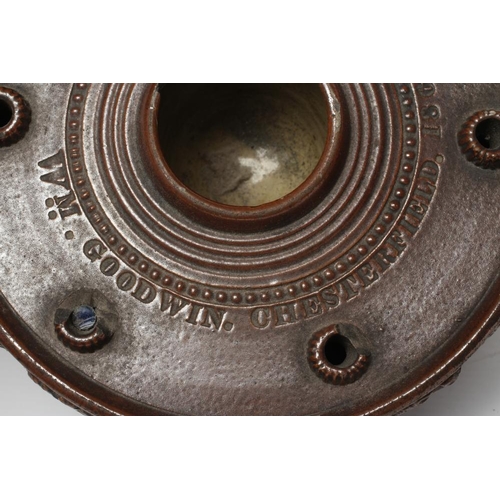 47 - A DOCUMENTARY BROWN SALTGLAZE STONEWARE CIRCULAR INKWELL, 1861, the central cylindrical well with ri... 