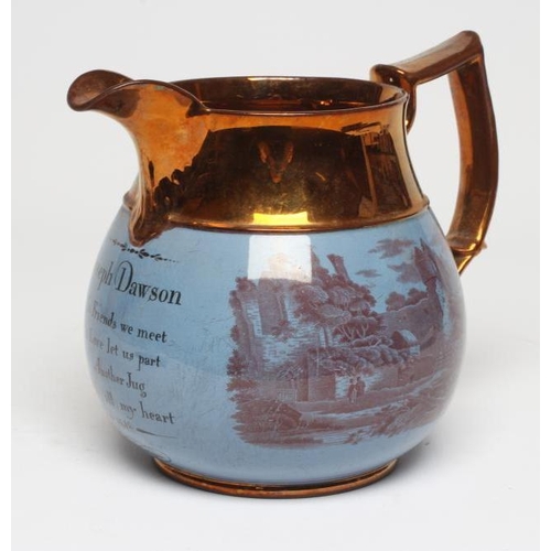 48 - A DOCUMENTARY COPPER LUSTRE JUG, 1818, of baluster form, the central blue band inscribed 'Joseph Daw... 