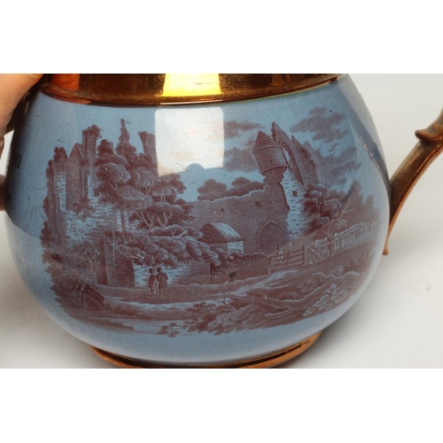 48 - A DOCUMENTARY COPPER LUSTRE JUG, 1818, of baluster form, the central blue band inscribed 'Joseph Daw... 