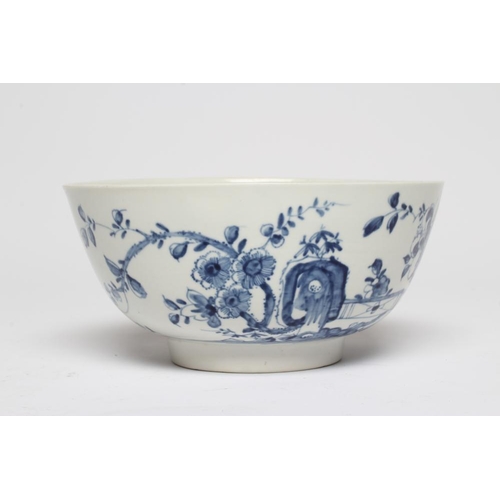 54 - A FIRST PERIOD WORCESTER PORCELAIN BOWL, c.1755-60, painted in underglaze blue with the Prunus Fence... 