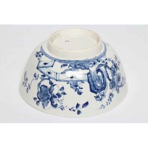 54 - A FIRST PERIOD WORCESTER PORCELAIN BOWL, c.1755-60, painted in underglaze blue with the Prunus Fence... 