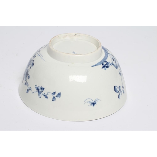 54 - A FIRST PERIOD WORCESTER PORCELAIN BOWL, c.1755-60, painted in underglaze blue with the Prunus Fence... 