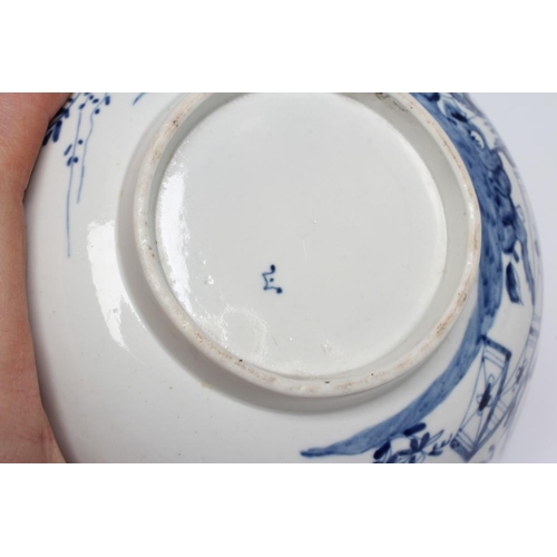 54 - A FIRST PERIOD WORCESTER PORCELAIN BOWL, c.1755-60, painted in underglaze blue with the Prunus Fence... 