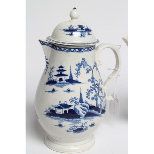 55 - A PENNINGTON'S PORCELAIN COFFEE POT AND COVER, c.1770's, of baluster form, painted in underglaze blu... 