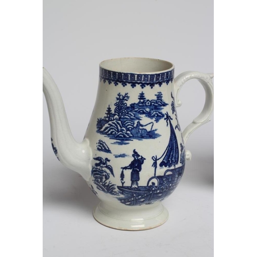 55 - A PENNINGTON'S PORCELAIN COFFEE POT AND COVER, c.1770's, of baluster form, painted in underglaze blu... 