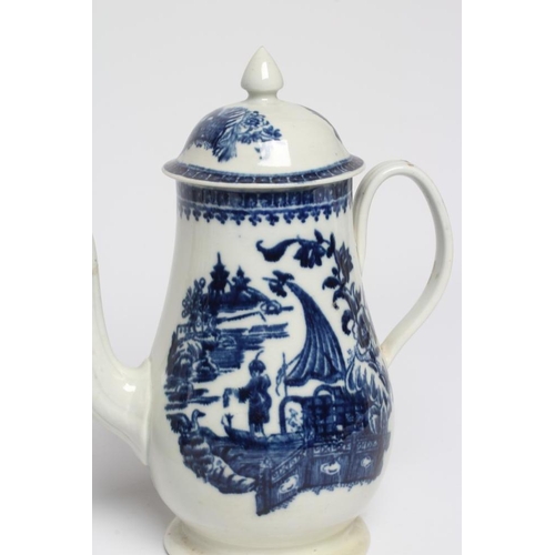 55 - A PENNINGTON'S PORCELAIN COFFEE POT AND COVER, c.1770's, of baluster form, painted in underglaze blu... 