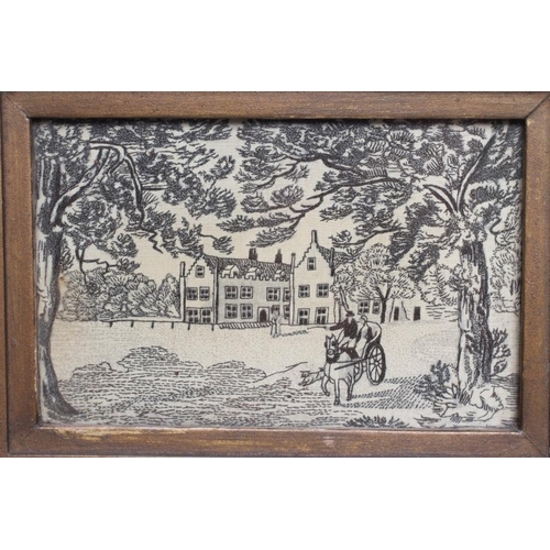 552 - A REGENCY EMBROIDERED PICTURE worked in black thread on a silk ground with a horse and carriage driv... 