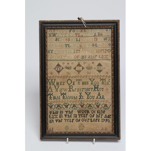 553 - A GEORGE III SAMPLER, 1790, worked in coloured threads on a fine linen ground in full cross stitch b... 