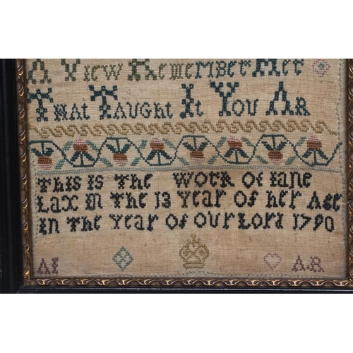 553 - A GEORGE III SAMPLER, 1790, worked in coloured threads on a fine linen ground in full cross stitch b... 