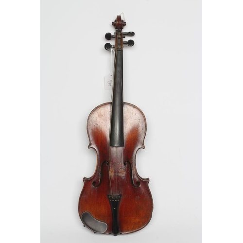 555 - A SMALL VIOLIN with one piece back, notched sound holes, ebony turners with mother-of-pearl inlaid d... 