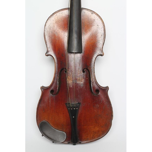 555 - A SMALL VIOLIN with one piece back, notched sound holes, ebony turners with mother-of-pearl inlaid d... 