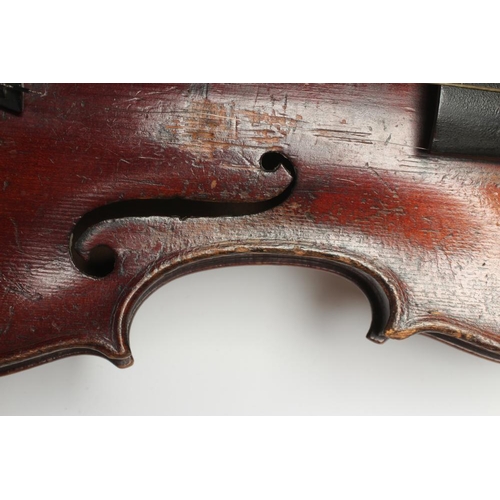 555 - A SMALL VIOLIN with one piece back, notched sound holes, ebony turners with mother-of-pearl inlaid d... 