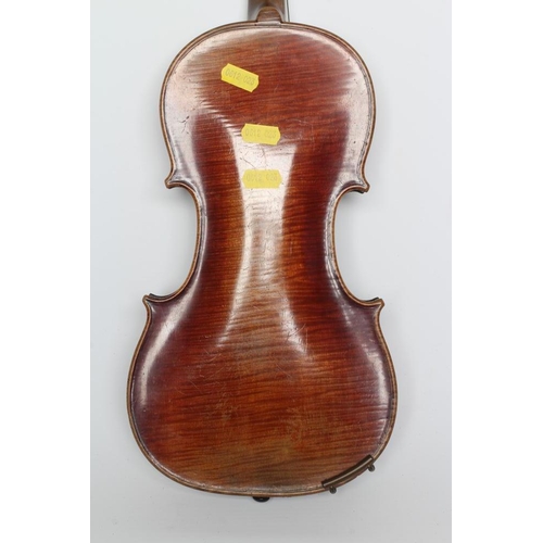 555 - A SMALL VIOLIN with one piece back, notched sound holes, ebony turners with mother-of-pearl inlaid d... 