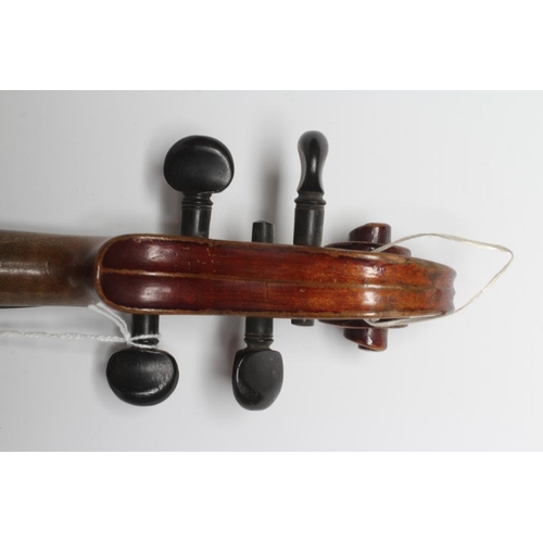 555 - A SMALL VIOLIN with one piece back, notched sound holes, ebony turners with mother-of-pearl inlaid d... 