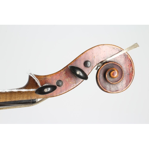 555 - A SMALL VIOLIN with one piece back, notched sound holes, ebony turners with mother-of-pearl inlaid d... 