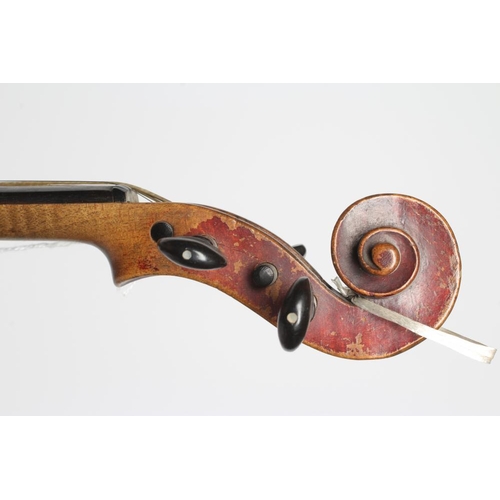 555 - A SMALL VIOLIN with one piece back, notched sound holes, ebony turners with mother-of-pearl inlaid d... 