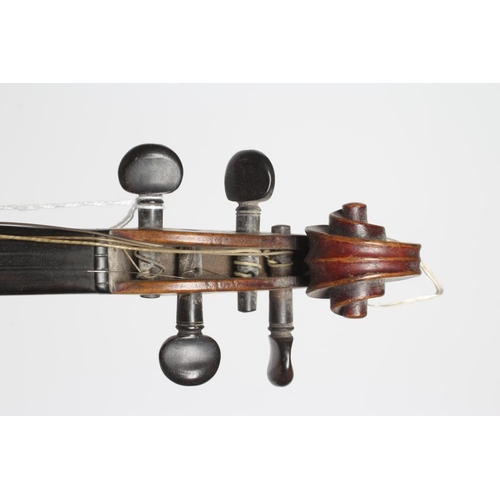 555 - A SMALL VIOLIN with one piece back, notched sound holes, ebony turners with mother-of-pearl inlaid d... 