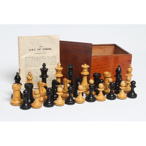 557 - A BOX AND EBONY STAUNTON PATTERN CHESS SET, unmarked, king 3 1/4