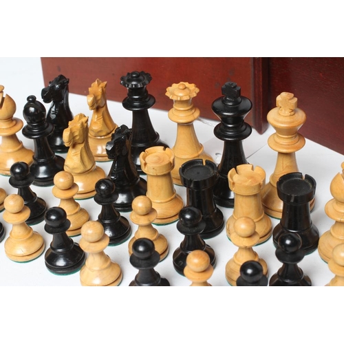 558 - A BOX AND EBONY STAUNTON PATTERN CHESS SET, unmarked, king 2 3/4