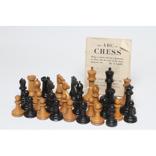 559 - A JAQUES BOX AND EBONY STAUNTON PATTERN CHESS SET, white king stamped with maker's name, king's knig... 