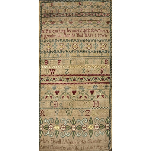 562 - A GEORGE II LONG SAMPLER,1743, worked in coloured silks on a fine linen ground in full, half and oth... 