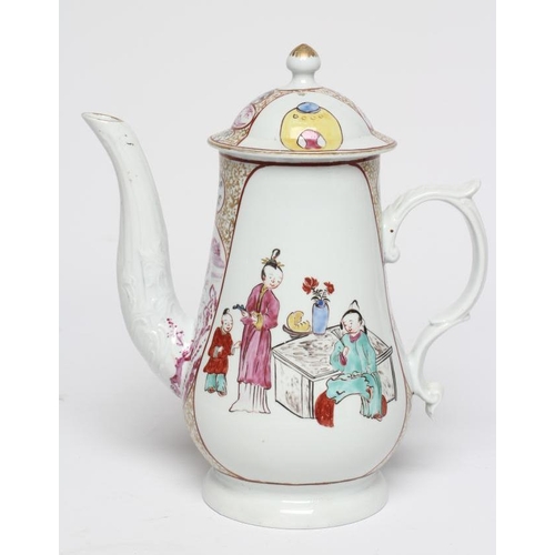 57 - A CHRISTIAN'S PORCELAIN COFFEE POT AND COVER, c.1770's, of baluster form, painted in polychrome enam... 