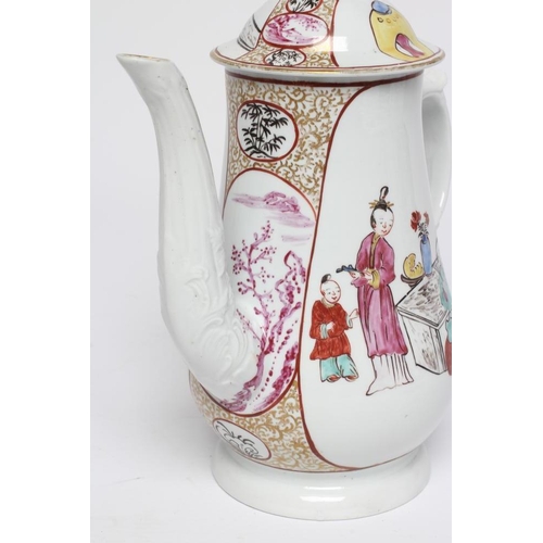 57 - A CHRISTIAN'S PORCELAIN COFFEE POT AND COVER, c.1770's, of baluster form, painted in polychrome enam... 