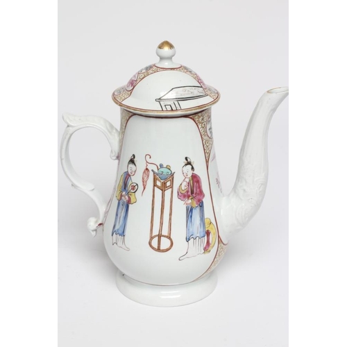 57 - A CHRISTIAN'S PORCELAIN COFFEE POT AND COVER, c.1770's, of baluster form, painted in polychrome enam... 