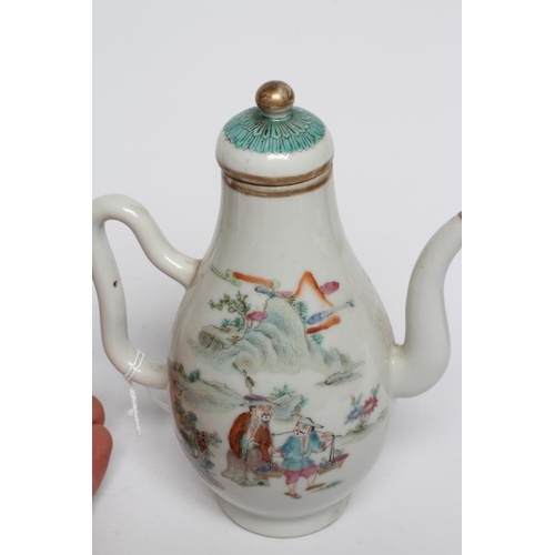 6 - A CHINESE PORCELAIN SMALL COFFEE POT AND COVER of baluster form with ear shaped handle, the domed co... 