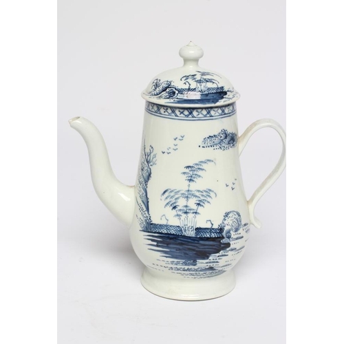 68 - A CHAFFERS PORCELAIN SMALL COFFEE POT AND COVER, 1756-65, of baluster form painted in underglaze blu... 