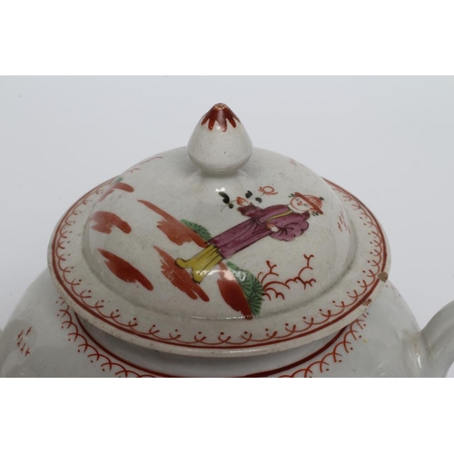 75 - A JOHN PENNINGTON PORCELAIN TEAPOT AND COVER, 1775-80, painted in polychrome enamels with the Smoker... 