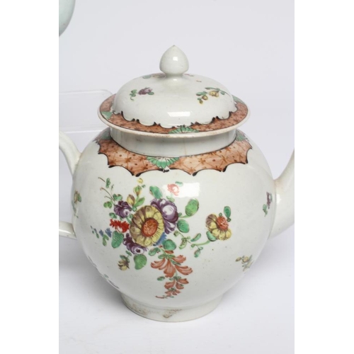 76 - THREE PENNINGTON'S PORCELAIN TEAPOTS AND COVERS, 1780-90, all painted in polychrome enamels with flo... 