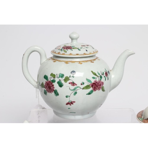 76 - THREE PENNINGTON'S PORCELAIN TEAPOTS AND COVERS, 1780-90, all painted in polychrome enamels with flo... 