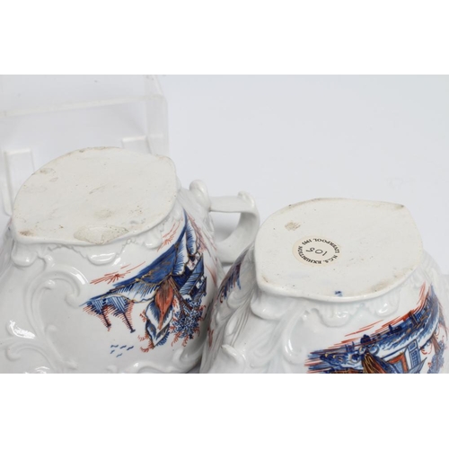 77 - A PAIR OF CHAFFERS PORCELAIN SAUCEBOATS, c.1770, with moulded scroll panels painted in underglaze bl... 