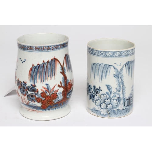 81 - A PORCELAIN MUG - PROBABLY CHRISTIANS, c.1765, of plain cylindrical form, painted in underglaze blue... 