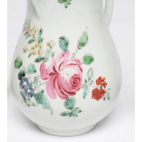 85 - A CHAFFERS PORCELAIN SPARROW BEAK JUG, 1760-65, painted in polychrome enamels with flowers, 3 3/4