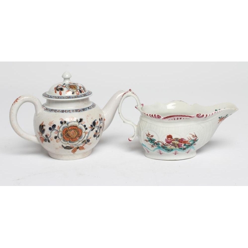 90 - A SETH PENNINGTON PORCELAIN SAUCE BOAT, 1778-90, of moulded oval form with plain lobes painted in po... 