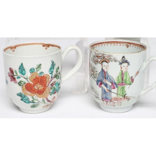 93 - FOUR LIVERPOOL PORCELAIN POLYCHROME PAINTED CUPS, various dates, comprising a Chaffers (?) cup with ... 