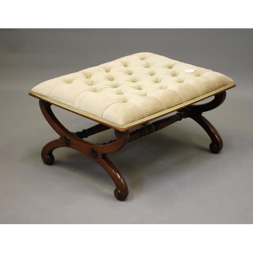 833 - A VICTORIAN MAHOGANY DRESSING STOOL, of oblong form button upholstered in champagne dralon, on scrol... 