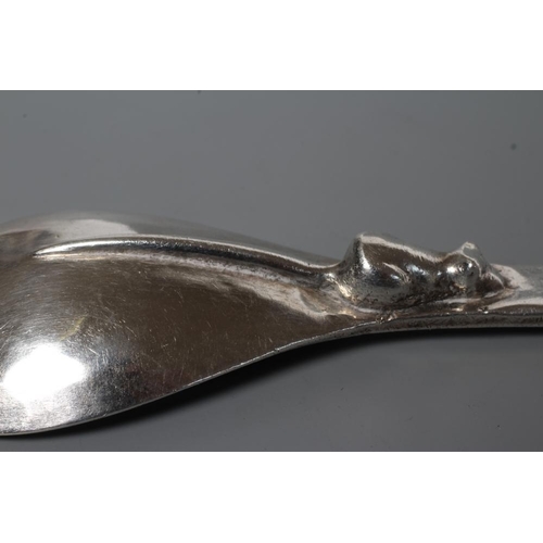 168 - AN ARTS AND CRAFTS SILVER PRESERVE SPOON, maker Guild of Handicraft, London 1941, the fig bowl with ... 