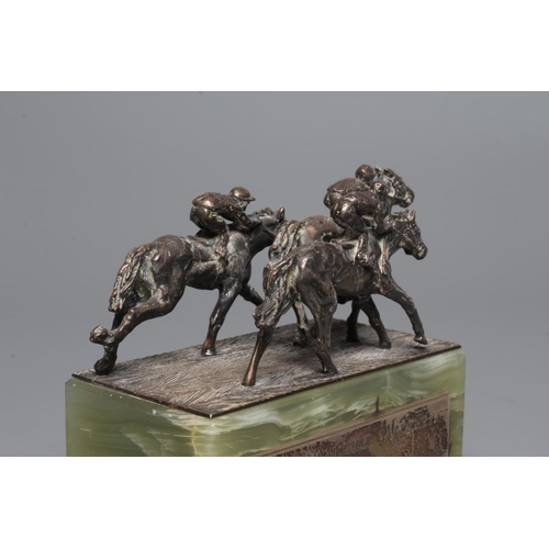 173 - A SILVER HORSE RACING TROPHY, maker Hector Miller, London 1977, cast as three galloping horses with ... 