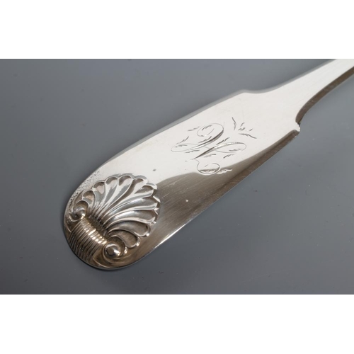 179 - A VICTORIAN PROVINCIAL SILVER BASTING SPOON, maker John Walton, Newcastle 1856, in fiddle, thread an... 